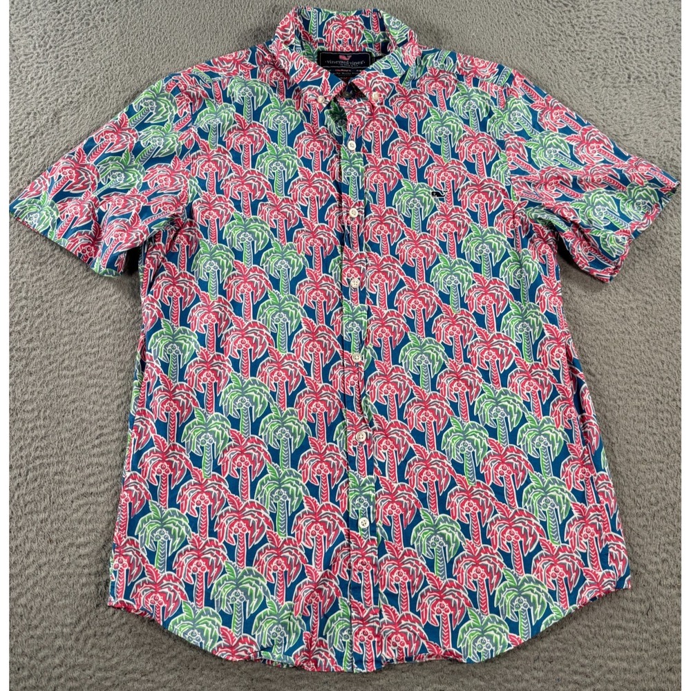 Vineyard Vines Shirt Men's Medium Red Green Palm Tree AOP Slim Fit Whale Shirt